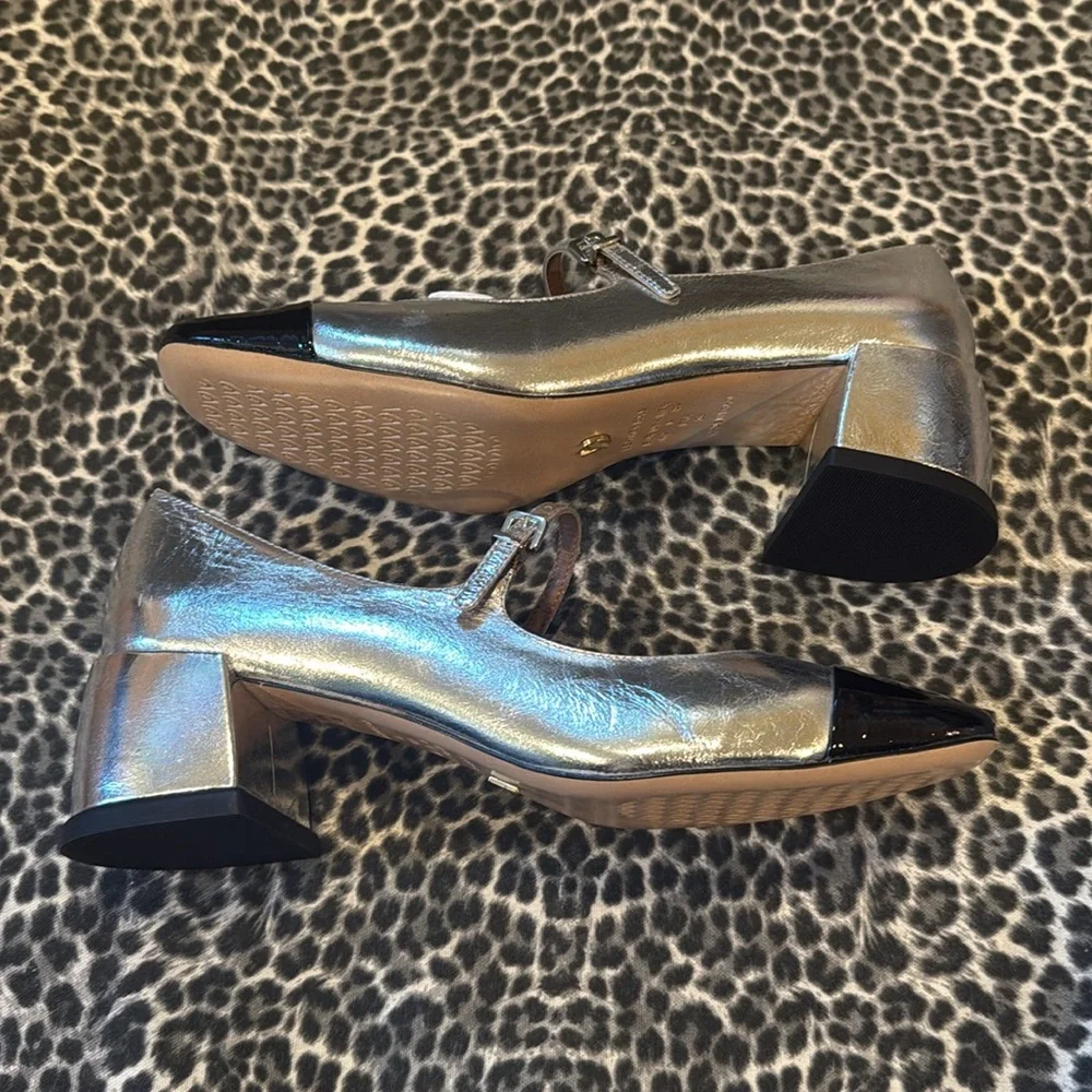 Anthropologie Vicenza ColorBlock MaryJanes Silver Patent Black Size 40 NIB